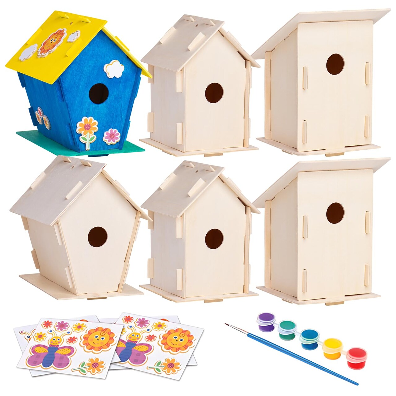DIY 12 Wooden Bird House Kits - Creative Arts and Crafts Set for Kids and Adults - Unfinished Wood Birdhouses with Paint Strips, Brushes, Stickers and Strings - 3 Unique Shapes, 2 Sizes